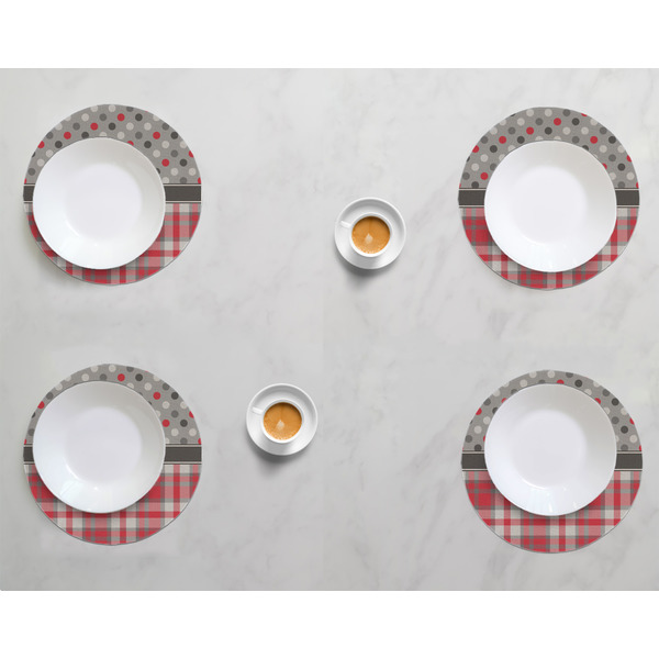 Red & Gray Dots and Plaid Round Linen Placemats - LIFESTYLE (set of 4)