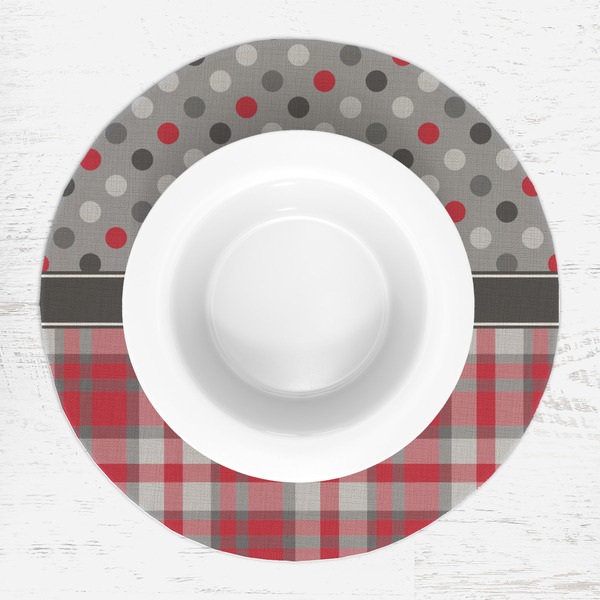 Red & Gray Dots and Plaid Round Linen Placemats - LIFESTYLE (single)