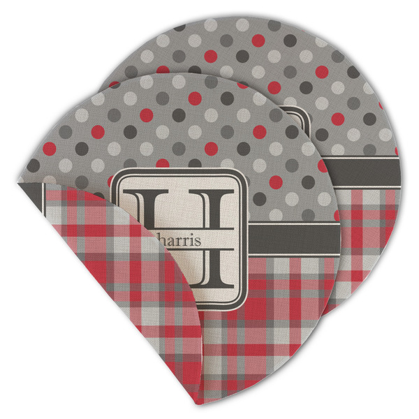Custom Red & Gray Dots and Plaid Round Linen Placemat - Double Sided (Personalized)