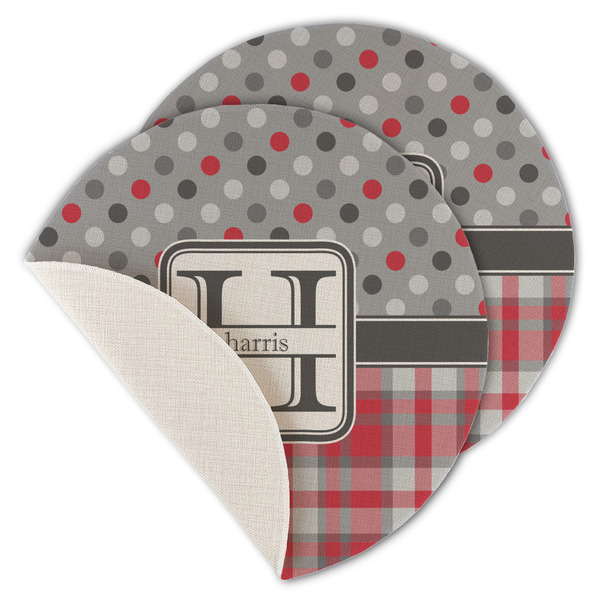 Custom Red & Gray Dots and Plaid Round Linen Placemat - Single Sided - Set of 4 (Personalized)
