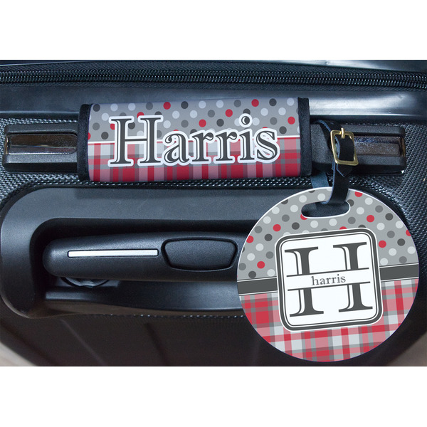 Red & Gray Dots and Plaid Round Luggage Tag & Handle Wrap - In Context