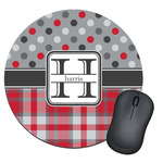 Red & Gray Dots and Plaid Round Mouse Pad (Personalized)