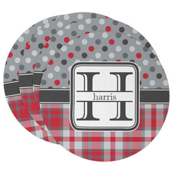 Red & Gray Dots and Plaid Round Paper Coasters w/ Name and Initial