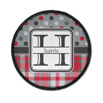 Red & Gray Dots and Plaid Iron On Round Patch w/ Name and Initial