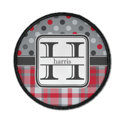 Red & Gray Dots and Plaid Iron On Round Patch w/ Name and Initial