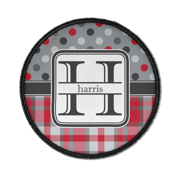 Custom Red & Gray Dots and Plaid Iron On Round Patch w/ Name and Initial