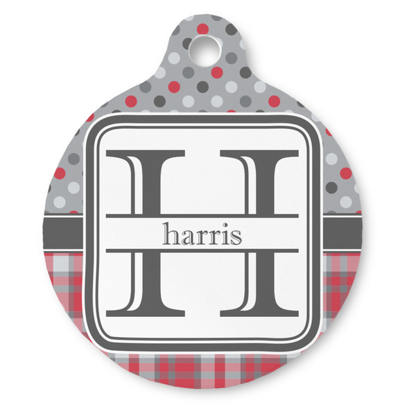 Custom Red & Gray Dots and Plaid Round Pet ID Tag (Personalized)
