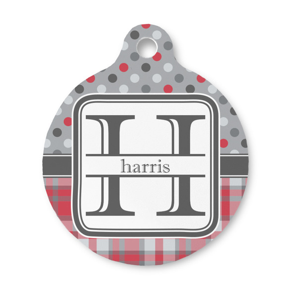 Custom Red & Gray Dots and Plaid Round Pet ID Tag - Small (Personalized)