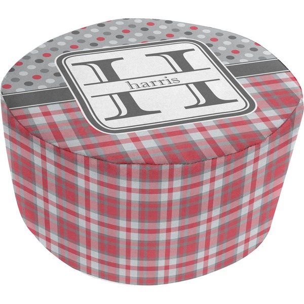 Custom Red & Gray Dots and Plaid Round Pouf Ottoman (Personalized)