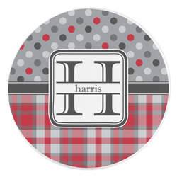 Red & Gray Dots and Plaid Round Stone Trivet (Personalized)