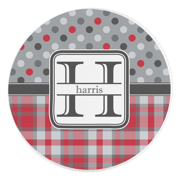 Custom Red & Gray Dots and Plaid Round Stone Trivet (Personalized)