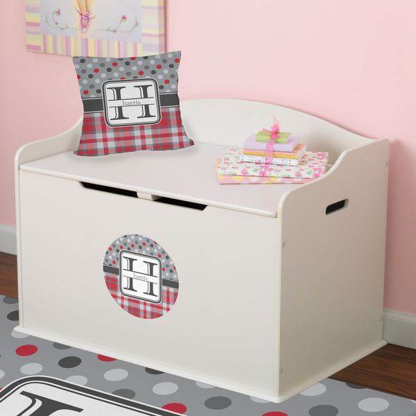 Red & Gray Dots and Plaid Round Wall Decal on Toy Chest