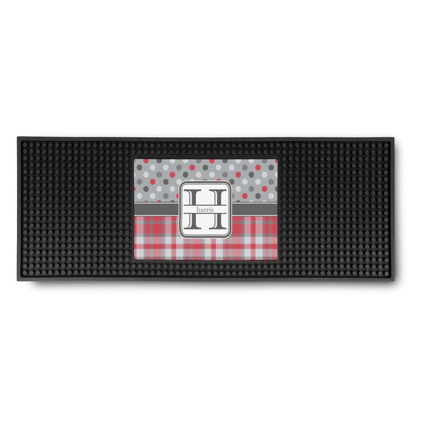 Custom Red & Gray Dots and Plaid Rubber Bar Mat (Personalized)