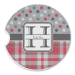 Red & Gray Dots and Plaid Sandstone Car Coaster - Single (Personalized)