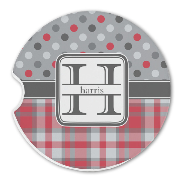 Custom Red & Gray Dots and Plaid Sandstone Car Coaster - Single (Personalized)