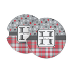 Red & Gray Dots and Plaid Sandstone Car Coasters - Set of 2 (Personalized)