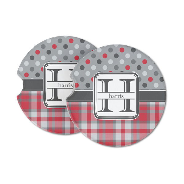 Custom Red & Gray Dots and Plaid Sandstone Car Coasters - Set of 2 (Personalized)