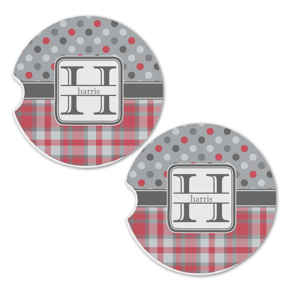 Red & Gray Dots and Plaid Sandstone Car Coasters - Set of 2