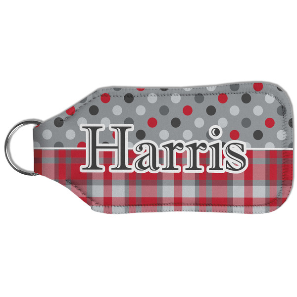 Red & Gray Dots and Plaid Sanitizer Holder Keychain - Large (Back)