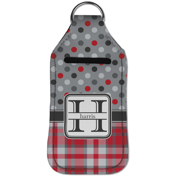 Red & Gray Dots and Plaid Sanitizer Holder Keychain - Large (Front)