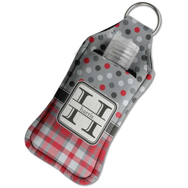 Red & Gray Dots and Plaid Sanitizer Holder Keychain - Large in Case