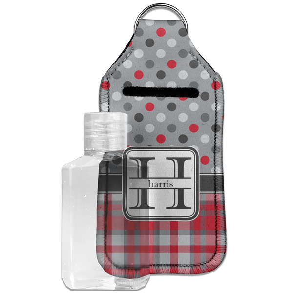 Custom Red & Gray Dots and Plaid Hand Sanitizer & Keychain Holder - Large (Personalized)