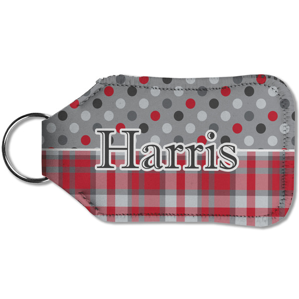 Red & Gray Dots and Plaid Sanitizer Holder Keychain - Small (Back)
