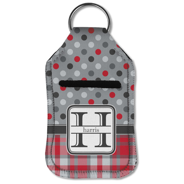 Red & Gray Dots and Plaid Sanitizer Holder Keychain - Small (Front Flat)