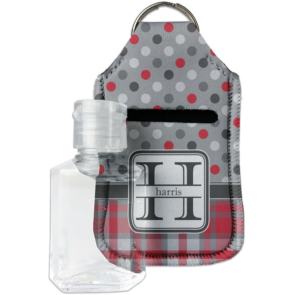 Custom Red & Gray Dots and Plaid Hand Sanitizer & Keychain Holder (Personalized)