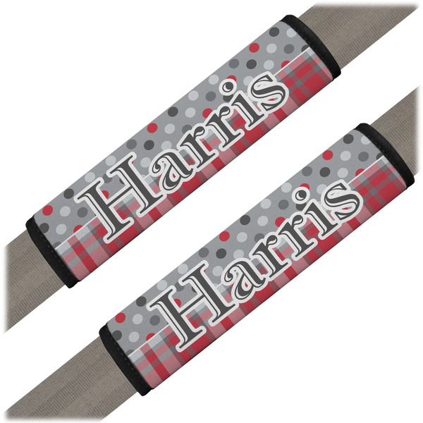 Custom Red & Gray Dots and Plaid Seat Belt Covers (Set of 2) (Personalized)