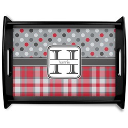 Red & Gray Dots and Plaid Black Wooden Tray - Large (Personalized)