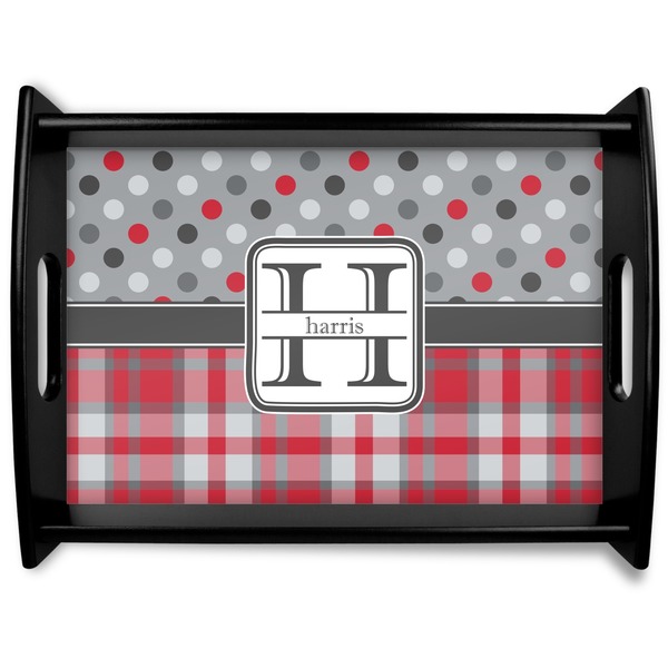 Custom Red & Gray Dots and Plaid Black Wooden Tray - Large (Personalized)