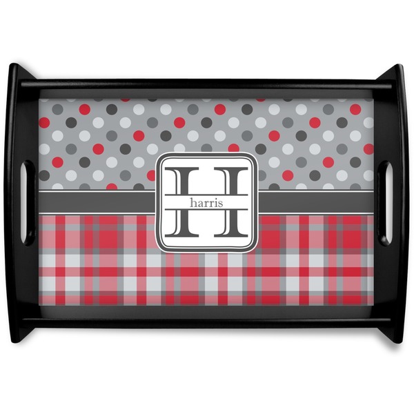 Custom Red & Gray Dots and Plaid Black Wooden Tray - Small (Personalized)