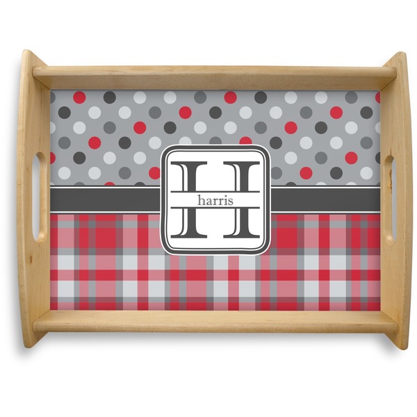Custom Red & Gray Dots and Plaid Natural Wooden Tray - Large (Personalized)