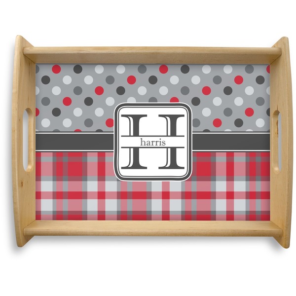 Custom Red & Gray Dots and Plaid Natural Wooden Tray - Large (Personalized)