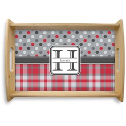 Red & Gray Dots and Plaid Natural Wooden Tray - Small (Personalized)