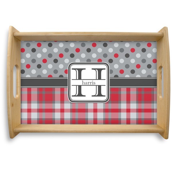 Custom Red & Gray Dots and Plaid Natural Wooden Tray - Small (Personalized)