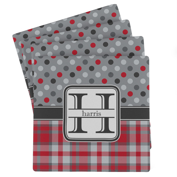 Custom Red & Gray Dots and Plaid Absorbent Stone Coasters - Set of 4 (Personalized)
