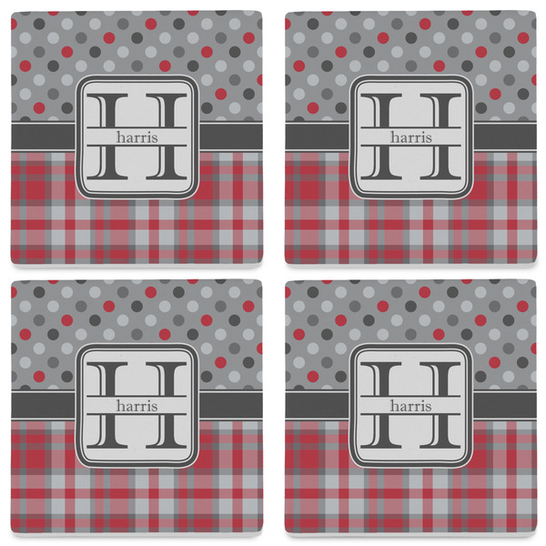 Red & Gray Dots and Plaid Set of 4 Sandstone Coasters - See All 4 View