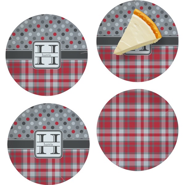 Custom Red & Gray Dots and Plaid Set of 4 Glass Appetizer / Dessert Plate 8" (Personalized)