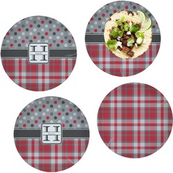 Red & Gray Dots and Plaid Set of 4 Glass Lunch / Dinner Plate 10" (Personalized)