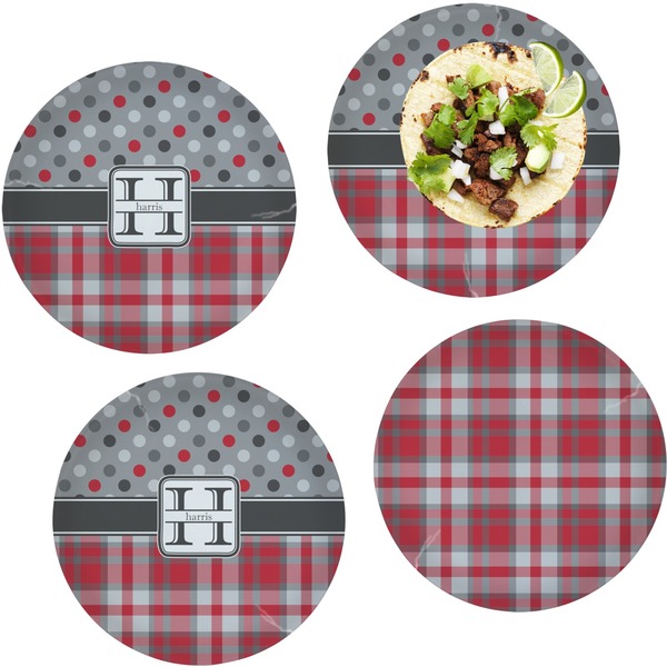 Custom Red & Gray Dots and Plaid Set of 4 Glass Lunch / Dinner Plate 10" (Personalized)