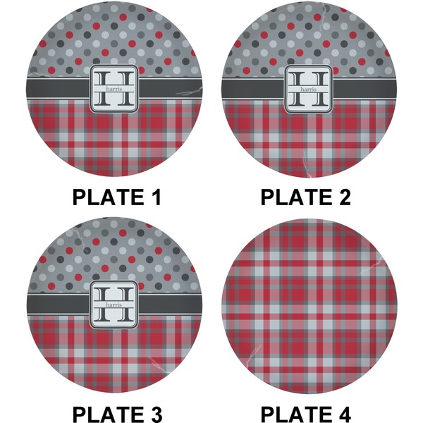 Red & Gray Dots and Plaid Set of Lunch / Dinner Plates (Approval)