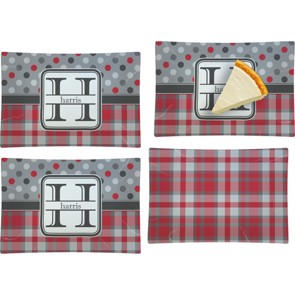 Custom Red & Gray Dots and Plaid Set of 4 Glass Rectangular Appetizer / Dessert Plate (Personalized)