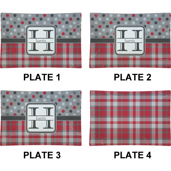 Red & Gray Dots and Plaid Set of Rectangular Appetizer / Dessert Plates (Approval)