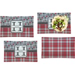 Red & Gray Dots and Plaid Set of 4 Glass Rectangular Lunch / Dinner Plate (Personalized)