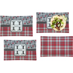 Red & Gray Dots and Plaid Set of 4 Glass Rectangular Lunch / Dinner Plate (Personalized)