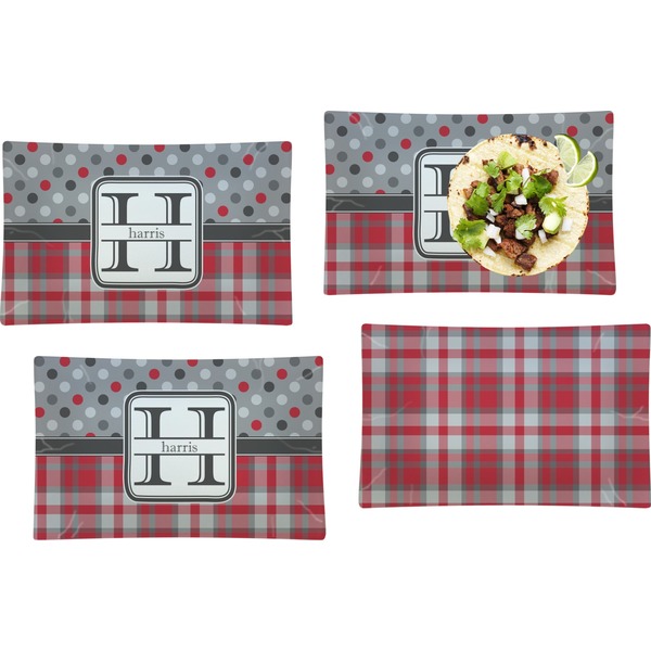 Custom Red & Gray Dots and Plaid Set of 4 Glass Rectangular Lunch / Dinner Plate (Personalized)