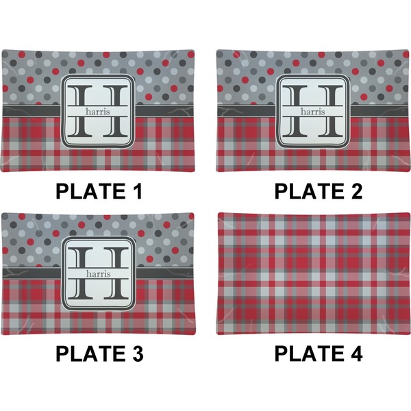 Red & Gray Dots and Plaid Set of Rectangular Dinner Plates (Approval)