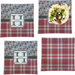 Red & Gray Dots and Plaid Set of 4 Glass Square Lunch / Dinner Plate 9.5" (Personalized)